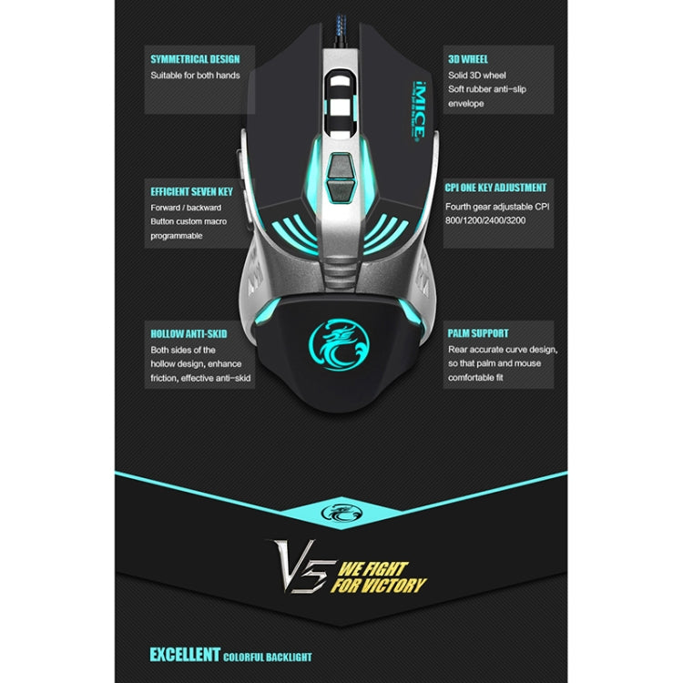 iMICE V5 USB 7 pulsanti 4000 DPI Mouse da gioco ottico retroilluminato colorato cablato per computer PC portatile, V5  (White), V5  (Black)