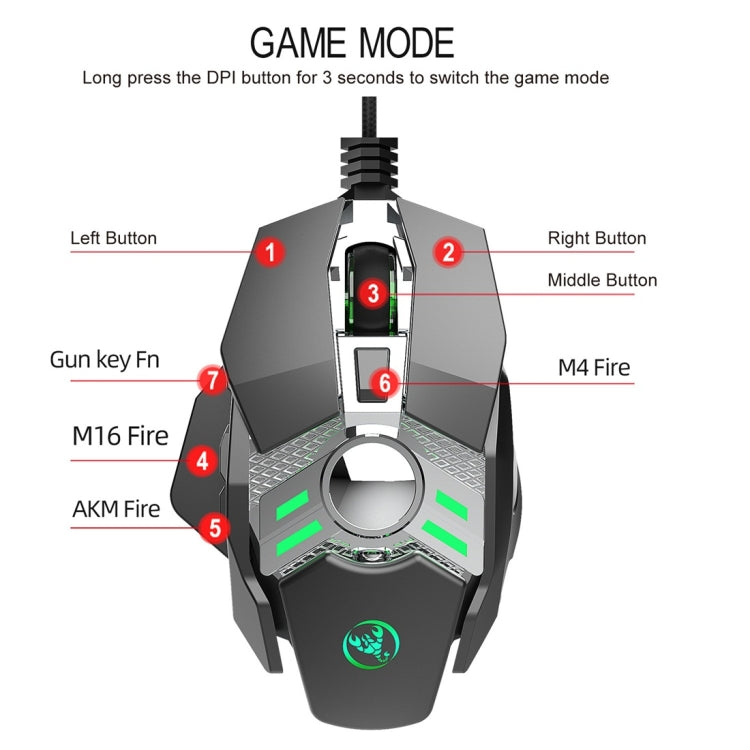 HXSJ J200 Mouse meccanico programmabile per e-sport cablato a 7 tasti con luce