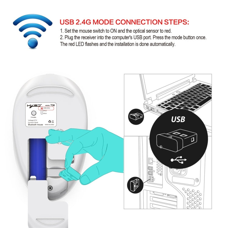 Mouse Bluetooth wireless dal design silenzioso a tre modalità HXSJ T36 2.4G Bluetooth 5.0 + 3.0
