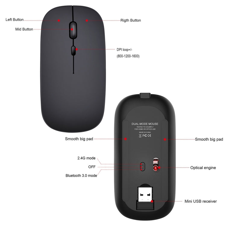 Mouse per PC notebook Bluetooth wireless a doppia modalità ultrasottile silenzioso ricaricabile HXSJ M90 da 2,4 GHz