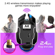 YINDIAO A4 2.4GHz 1600DPI Mouse da gioco silenzioso wireless ricaricabile regolabile in 3 modalità (Grigio Argento), Black Silver