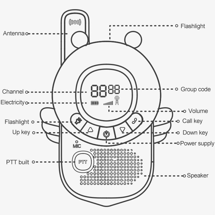 adj-847 Walkie-talkie per bambini a forma di ape cartone animato Chiamata wireless da 3 km Giocattolo interattivo genitore-figlio all'aperto con torcia elettrica e cordino anti-smarrimento