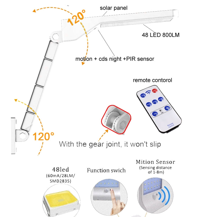 Lampada solare telecomandata 6W 800LM 48 LED con staffa