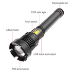 Torcia a LED P90 + COB impermeabile con ricarica micro USB di tipo lungo, supporto display di alimentazione e messa a fuoco telescopica e regolazione della luminosità a 7 livelli, P90