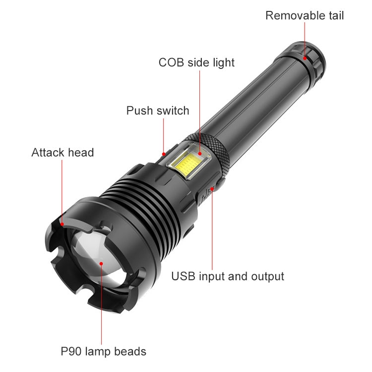 Torcia a LED P90 + COB impermeabile con ricarica micro USB di tipo lungo, supporto display di alimentazione e messa a fuoco telescopica e regolazione della luminosità a 7 livelli, P90
