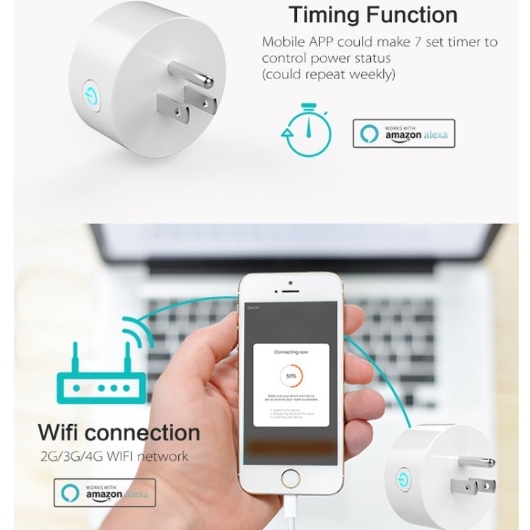 Mini WiFi Plug Round Shape 10A APP Remote Control Timing Smart Socket Works with Alexa and Google Home, AC 100-240V, US Plug, 10A US Plug(Round Shape)