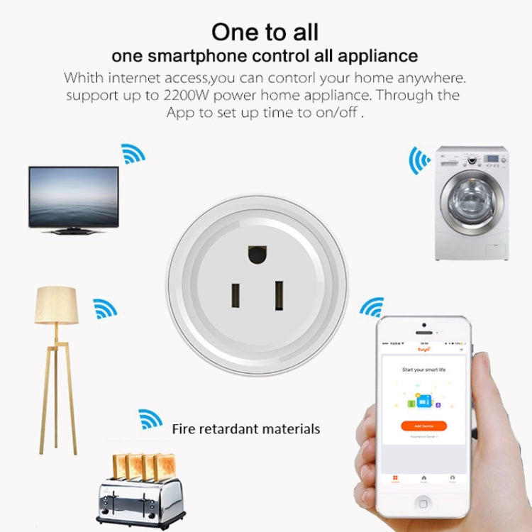 Mini spina WiFi a forma rotonda da 10A APP Presa intelligente con temporizzazione del telecomando Funziona con Alexa e Google Home, CA 100-240 V, spina americana, 10A US Plug(Round Shape)