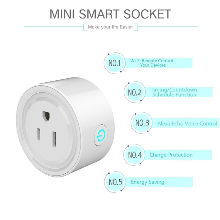 Mini spina WiFi a forma rotonda da 10A APP Presa intelligente con temporizzazione del telecomando Funziona con Alexa e Google Home, CA 100-240 V, spina americana, 10A US Plug(Round Shape)