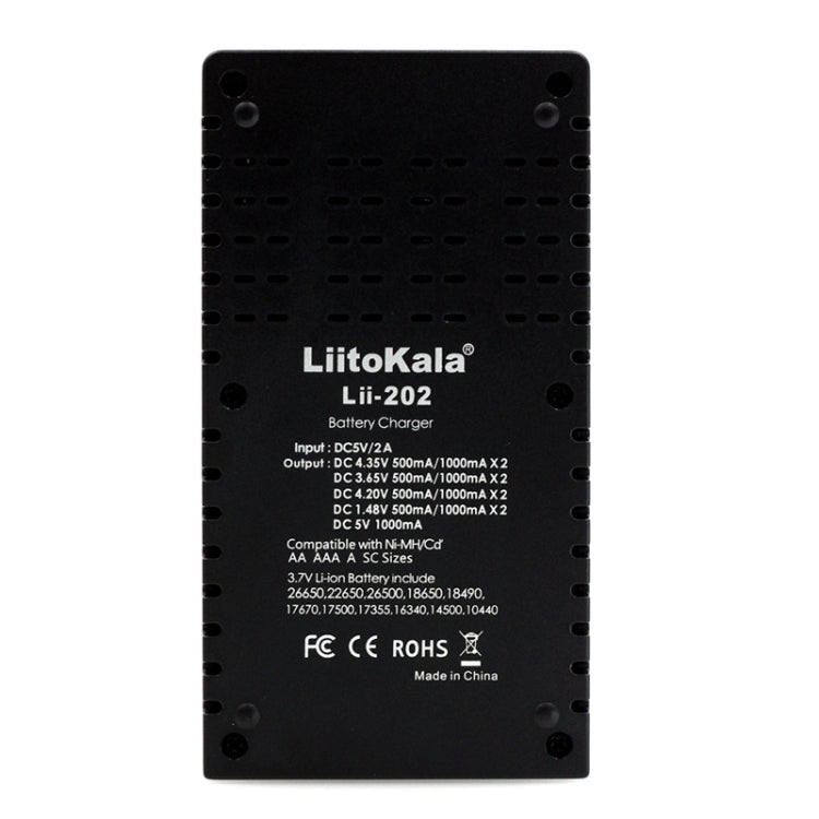 LiitoKala lii-202 Caricabatterie intelligente con uscita USB per Li-ion IMR 18650, 18490, 18350, 17670, 17500, 16340(RCR123), 14500, 10440