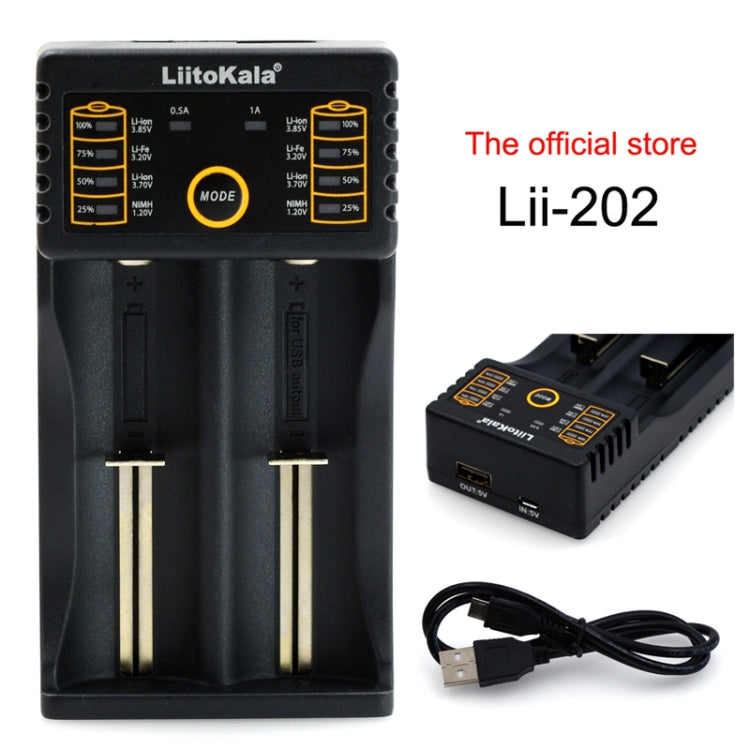 LiitoKala lii-202 Caricabatterie intelligente con uscita USB per Li-ion IMR 18650, 18490, 18350, 17670, 17500, 16340(RCR123), 14500, 10440