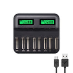 Caricabatterie USB 8 slot per batterie AA, AAA, C e D con display