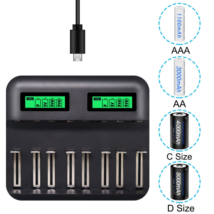 Caricabatterie USB 8 slot per batterie AA, AAA, C e D con display