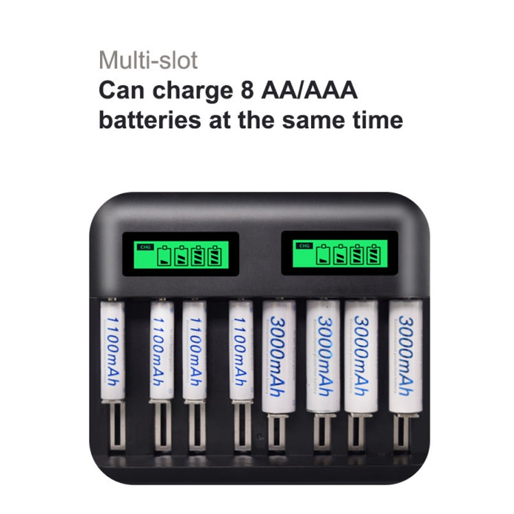 Caricabatteria USB a 8 slot da 5 V 2 A per batterie AA, AAA e C/D, con display LCD