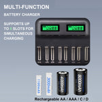 Caricabatterie USB 8 slot per batterie AA, AAA, C e D con display