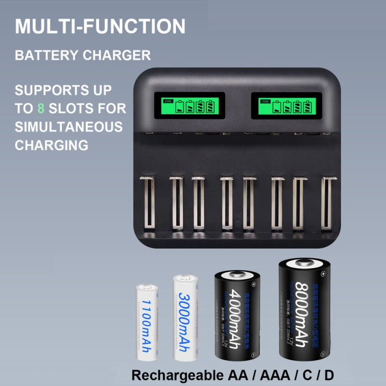 Caricabatteria USB a 8 slot da 5 V 2 A per batterie AA, AAA e C/D, con display LCD