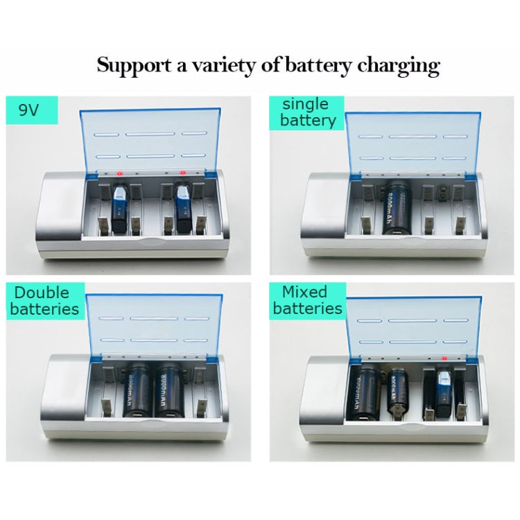 Caricabatteria CA 100-240 V a 4 slot per batterie AA, AAA e C/D, spina europea