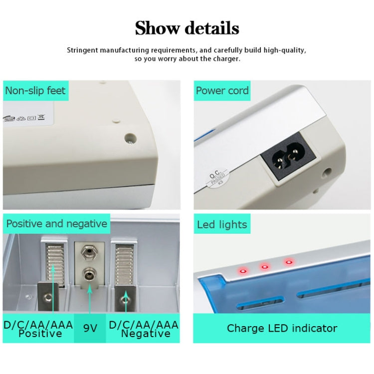 100-240V 4-Slot AC Charger for AA, AAA and C/D Batteries, EU Plug