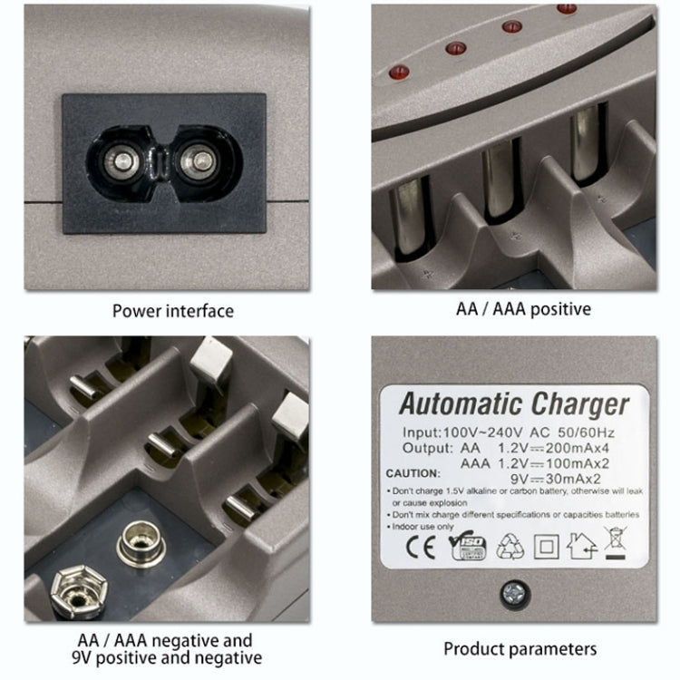 100-240V 4-Slot AC Charger for 9V AA, AAA and Ni-MH Batteries, EU Plug