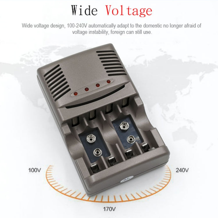 100-240V 4-Slot AC Charger for 9V AA, AAA and Ni-MH Batteries, EU Plug