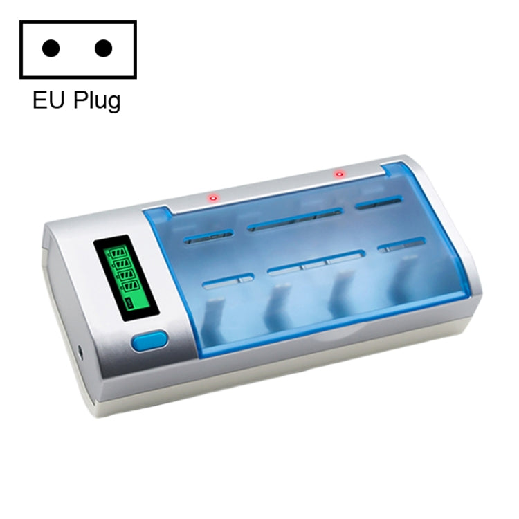 Caricabatteria CA 100-240 V a 4 slot per batterie AA, AAA e C/D, con display LCD, spina UE