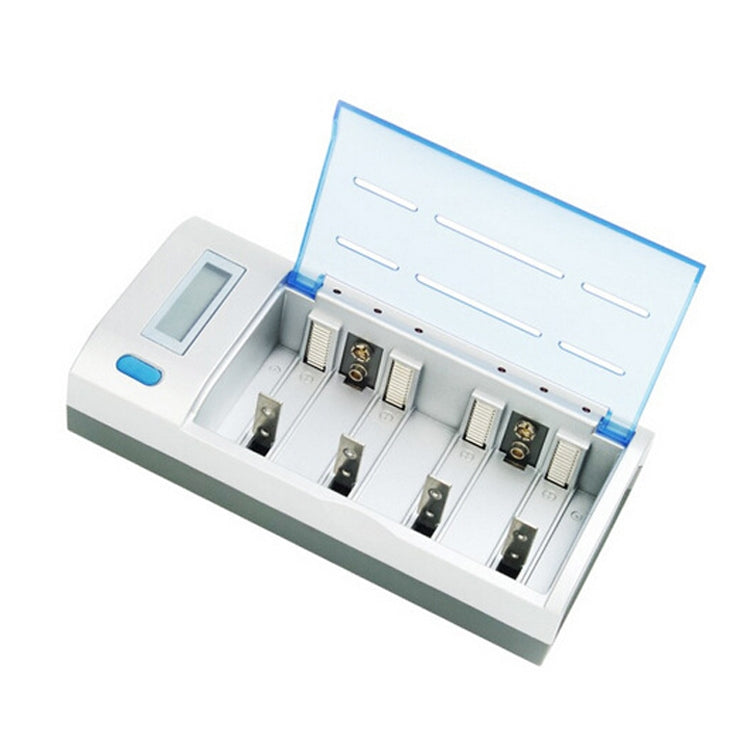 Caricabatteria CA 100-240 V a 4 slot per batterie AA, AAA e C/D, con display LCD, spina UE