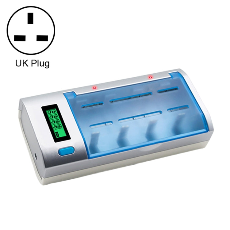 Caricabatteria CA 100-240 V a 4 slot per batterie AA, AAA e C/D, con display LCD, presa UK