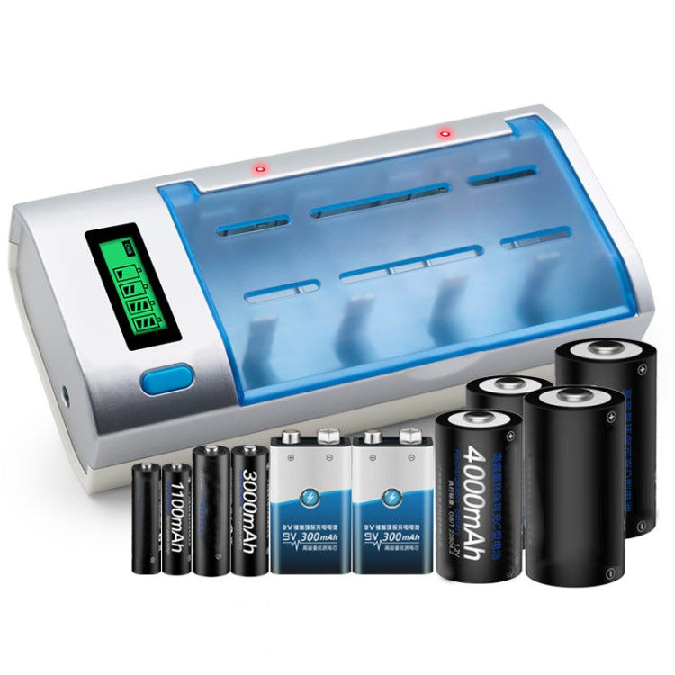 Caricabatteria CA 100-240 V a 4 slot per batterie AA, AAA e C/D, con display LCD, presa UK