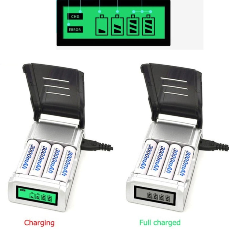 Caricabatteria CA 100-240 V a 4 slot per batterie AA e AAA, con display LCD, spina europea