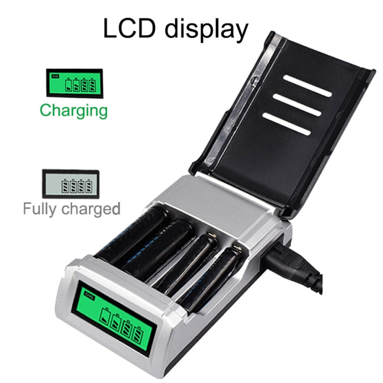 Caricabatteria CA 100-240 V a 4 slot per batterie AA e AAA, con display LCD, spina europea