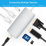Hub 8 in 1 Type-C HUB+ USB-C / Type-C a USB-C / Type-C e HDMI e SD e TF e 2 adattatori USB, VGA e Rj45
