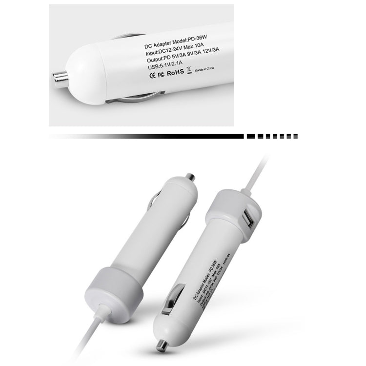 Adattatore per auto DC USB-C / Type-C da 36 W 5 V 9 V 12 V 15 V 3 A con 1 porta USB per Apple MacBook A1534, lunghezza: 2 m
