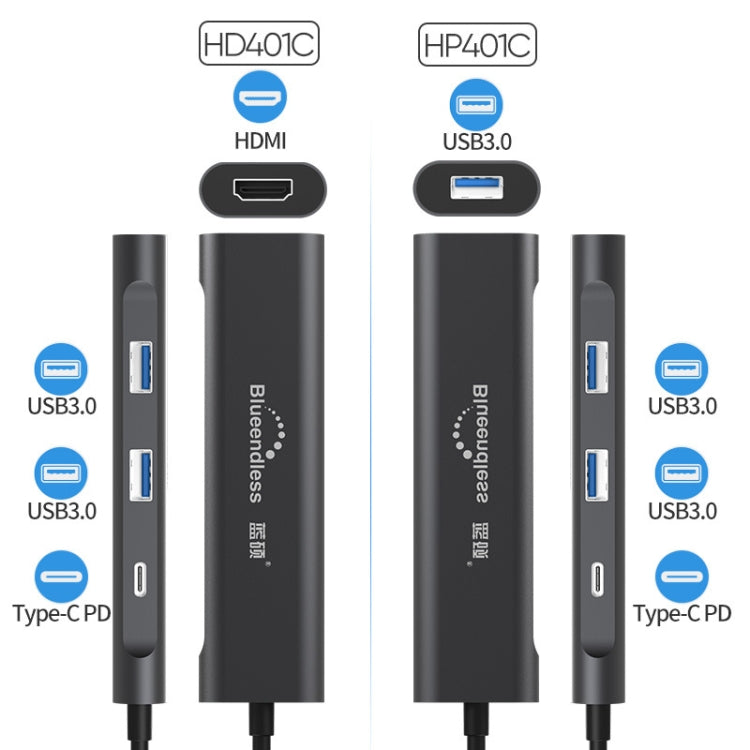 Blueendless 4 in 1 multifunzione tipo C / da USB-C a HDMI + PD + dock di espansione doppio HUB USB 3.0, 4 In 1 HDMI + PD + Dual USB 3.0