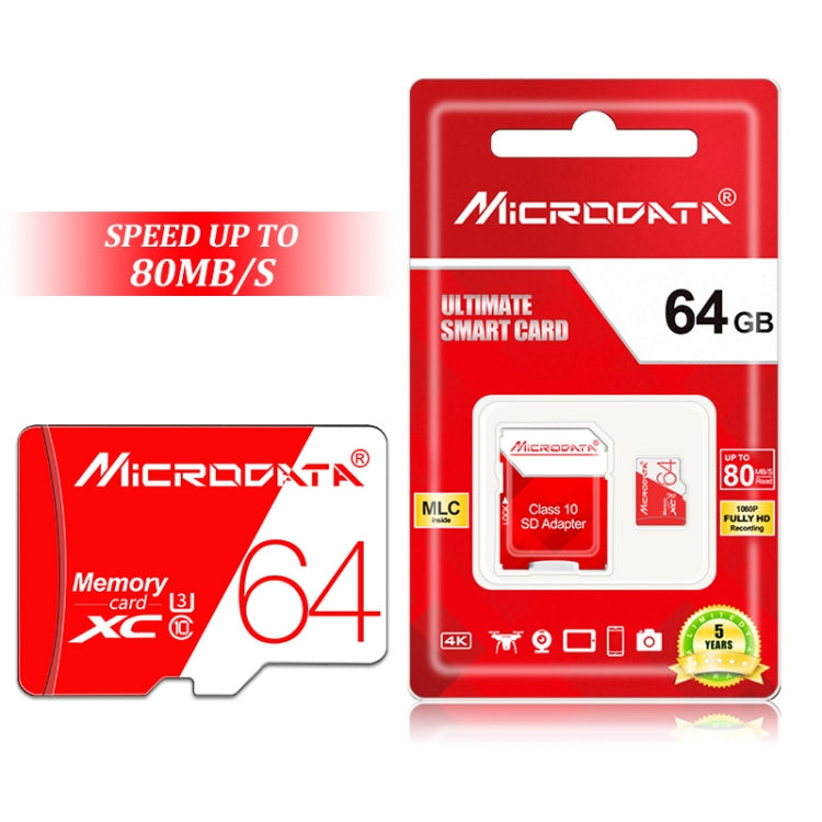 Scheda di memoria TF (Micro SD) rossa e bianca U3 ad alta velocità MICRODATA da 64 GB, 64GB