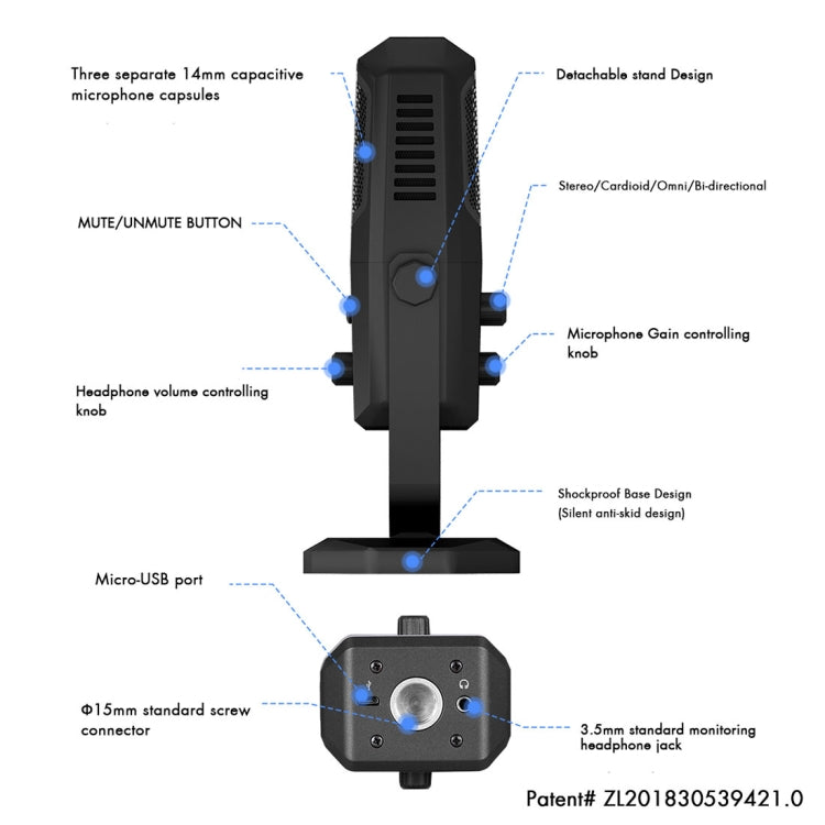 Yanmai SF-900 Multi-function Four-Directional Studio Recording Condenser Microphone with Tabletop Stand