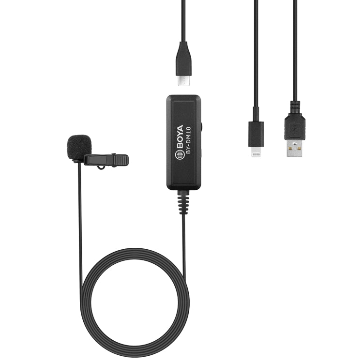 BOYA BY-DM10 Microfono lavalier broadcast con presa USB / 8 pin con parabrezza, lunghezza cavo: 6 m