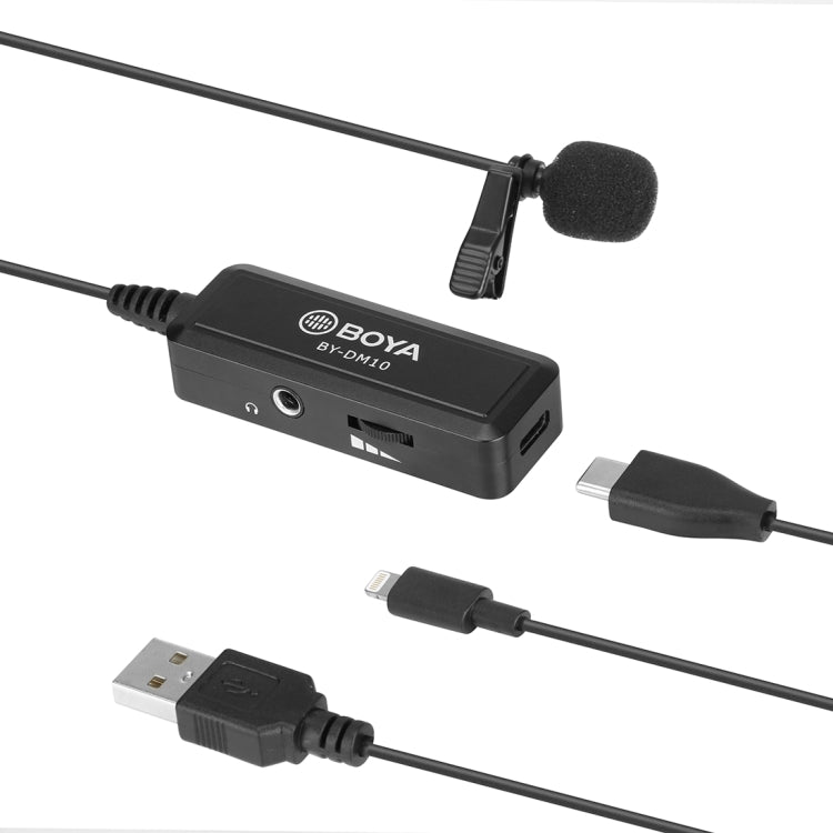 BOYA BY-DM10 Microfono lavalier broadcast con presa USB / 8 pin con parabrezza, lunghezza cavo: 6 m