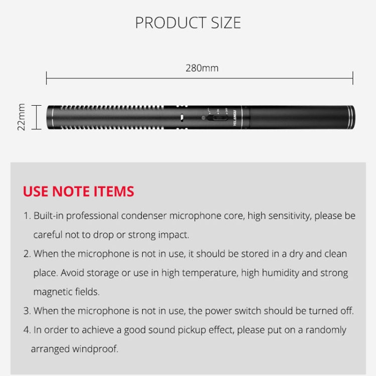 YELANGU YLG9933A MIC07 Microfono professionale per video shotgun a condensatore per interviste con adattatore audio da 6,5 mm e cavo audio RXL da 3,5 mm