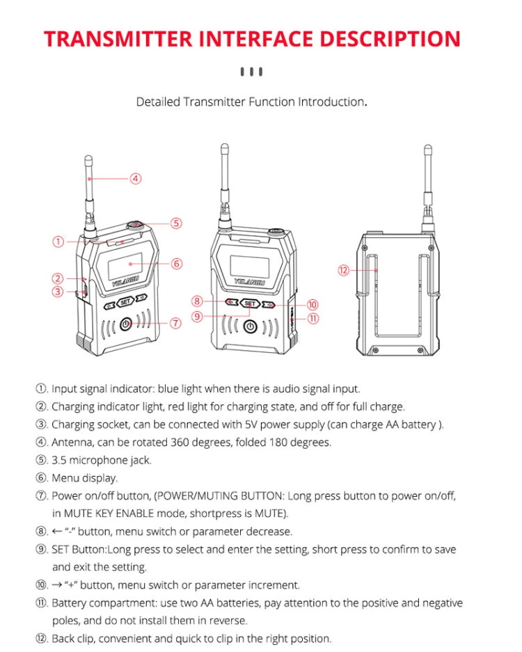 YELANGU YLG9929B MX4 Sistema microfonico wireless UHF a doppio canale 100CH con 2 trasmettitori e ricevitore per fotocamere DSLR e videocamere, YLG9929B