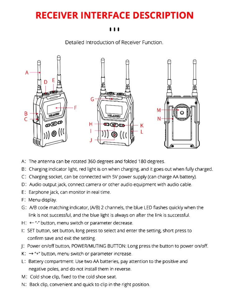 YELANGU YLG9929B MX4 Sistema microfonico wireless UHF a doppio canale 100CH con 2 trasmettitori e ricevitore per fotocamere DSLR e videocamere, YLG9929B