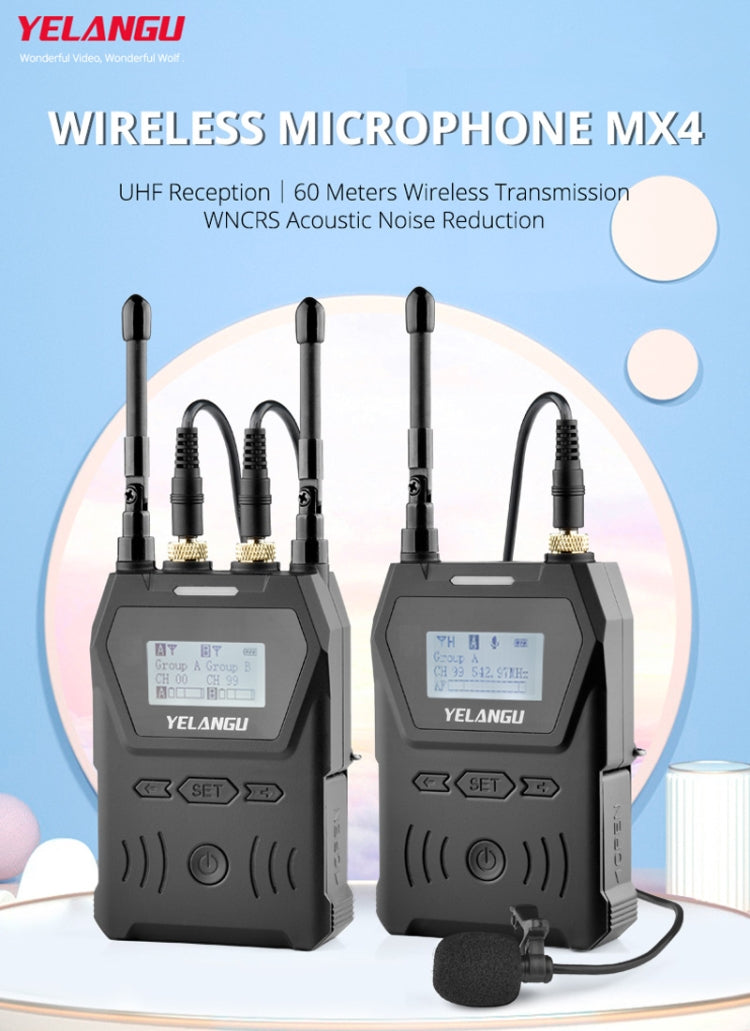 YELANGU YLG9929B MX4 Sistema microfonico wireless UHF a doppio canale 100CH con 2 trasmettitori e ricevitore per fotocamere DSLR e videocamere, YLG9929B