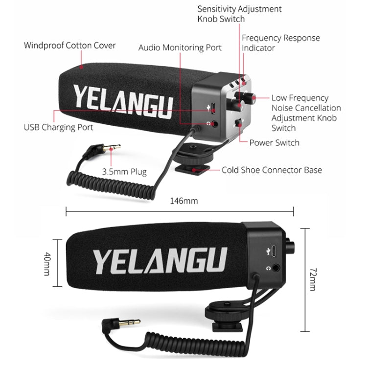 YELANG MIC09 Microfono broadcast a condensatore con guadagno per fucile con parabrezza per fotocamere DSLR Canon / Nikon / Sony, smartphone