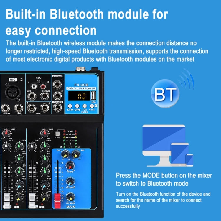 F4 Home Mixer 4-Channel USB Bluetooth Reverb, US Plug, F4 US Plug