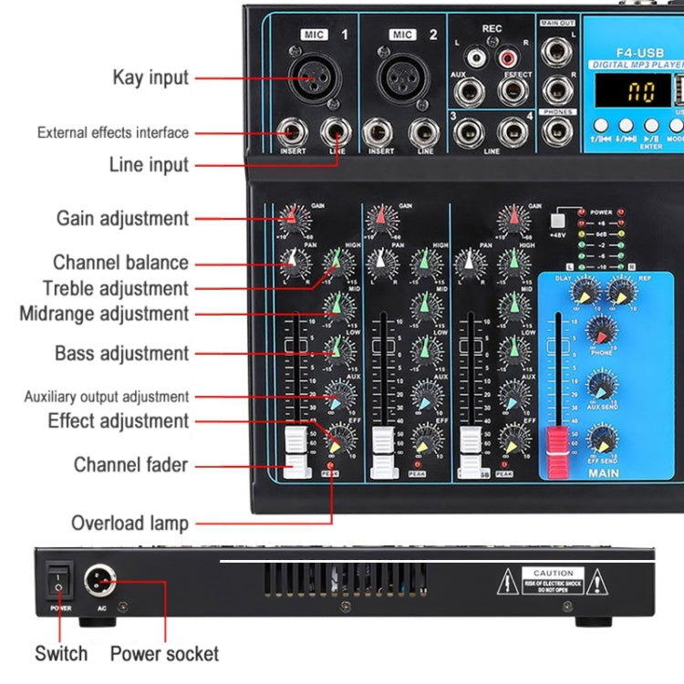 Mixer audio USB Bluetooth 4 canali con riverbero F4