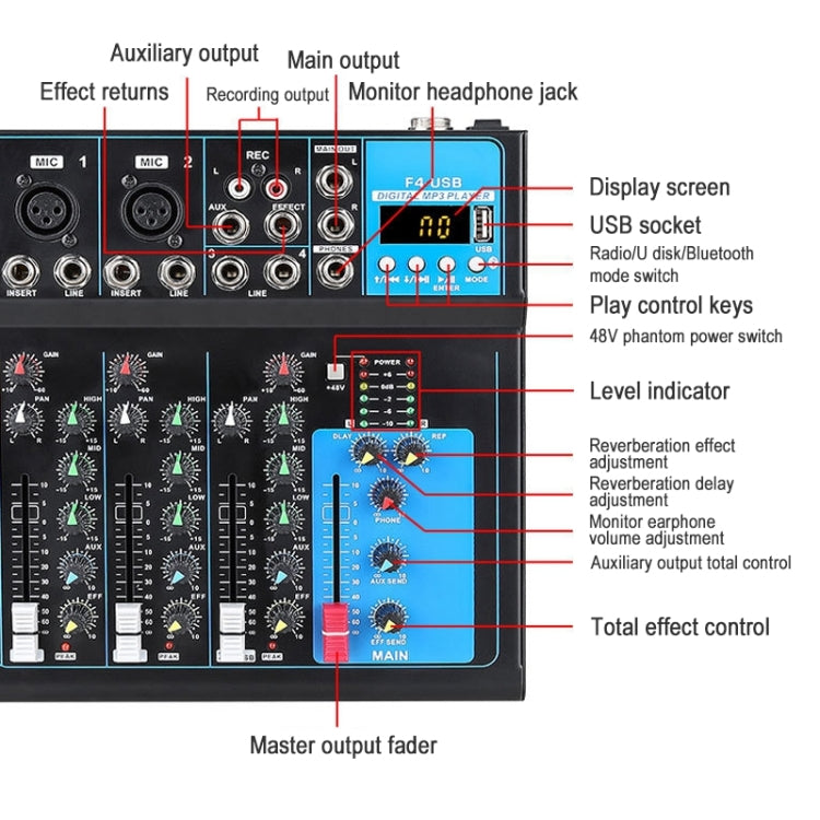 Mixer audio USB Bluetooth 4 canali con riverbero F4 EU