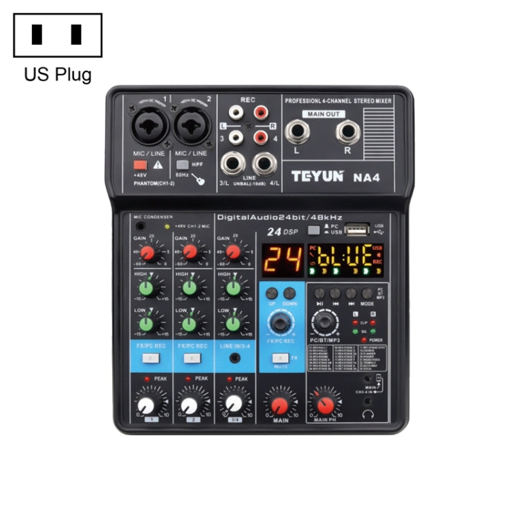 TEYUN NA4 4-Channel Small Mixing Console Mobile Phone Sound Card Live Broadcast Computer Recording Console Processor, US Plug, NA4 US Plug