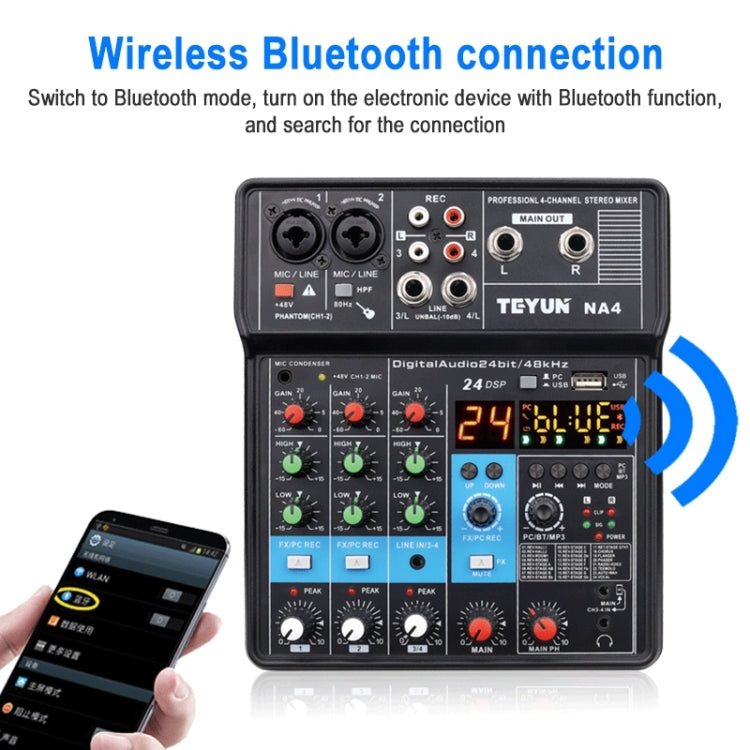 TEYUN NA4 Console di missaggio piccola a 4 canali Scheda audio per telefono cellulare Processore per console di registrazione per computer con trasmissione in diretta, spina UE, NA4 EU Plug