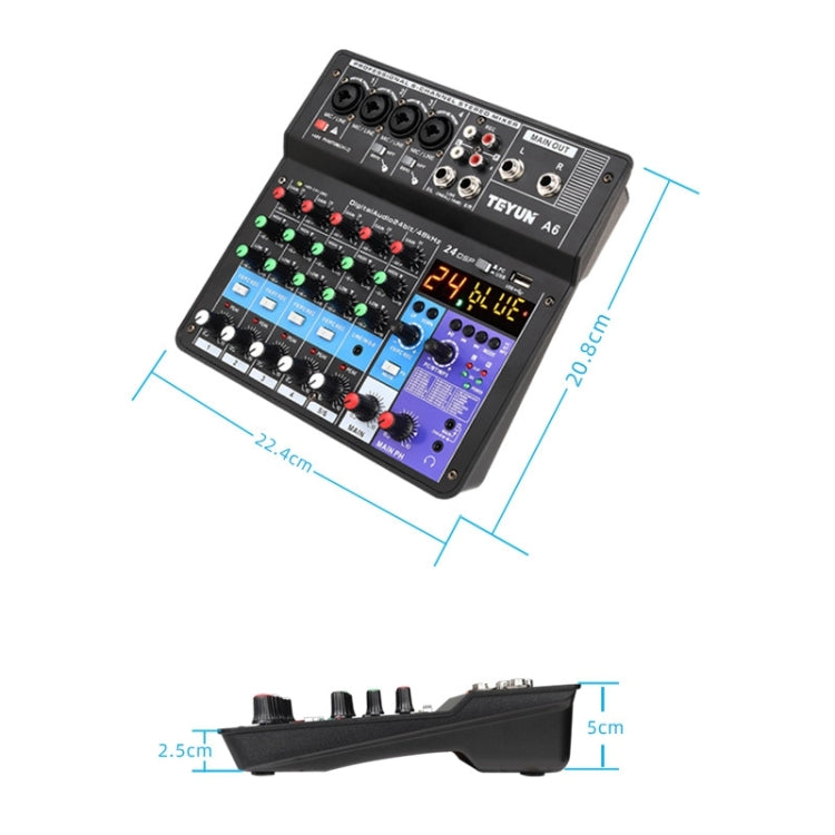 TEYUN NA6 Console di missaggio piccola a 6 canali Scheda audio per telefono cellulare Processore per console di registrazione per computer con trasmissione in diretta, spina UE, NA6 EU Plug