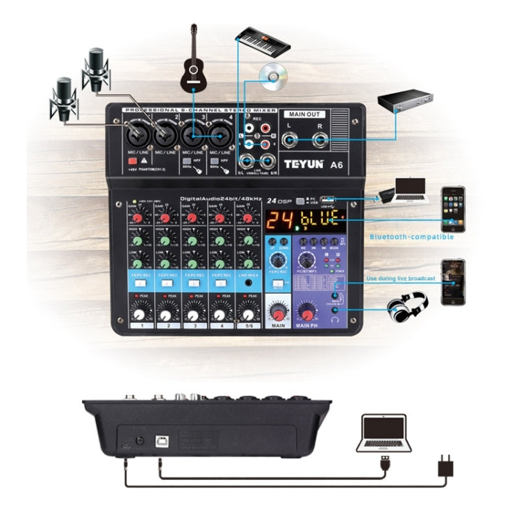 TEYUN NA6 Console di missaggio piccola a 6 canali Scheda audio per telefono cellulare Processore per console di registrazione per computer con trasmissione in diretta, spina UE, NA6 EU Plug