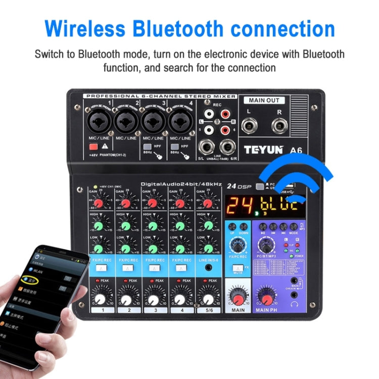 TEYUN NA6 Console di missaggio piccola a 6 canali Scheda audio per telefono cellulare Processore per console di registrazione per computer con trasmissione in diretta, spina UE, NA6 EU Plug