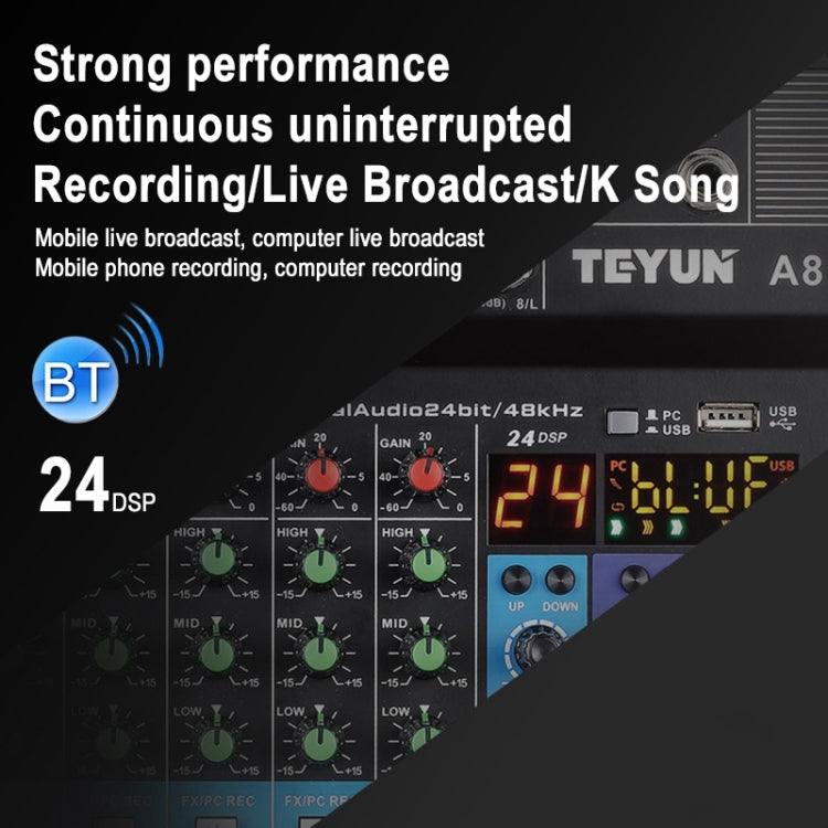 TEYUN NA8 Console di missaggio piccola a 8 canali Scheda audio per telefono cellulare Processore per console di registrazione per computer con trasmissione in diretta, spina americana, NA8 US Plug